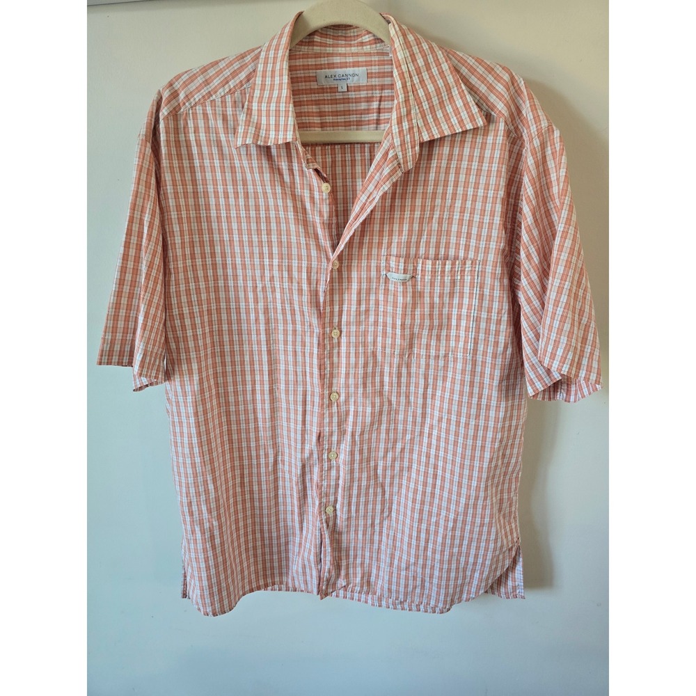 Alex Cannon Mens Large Orange White Plaid Short Sleeve Cotton Button Down Shirt